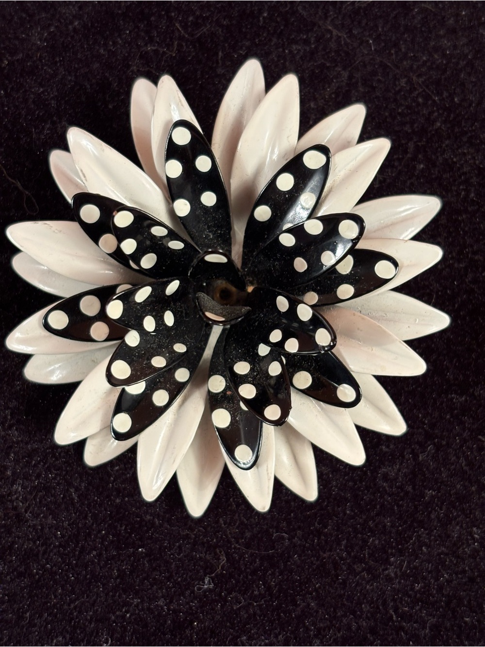 Vintage Mod Black White Polka Dot Flower Brooch Layered Enamel Pin